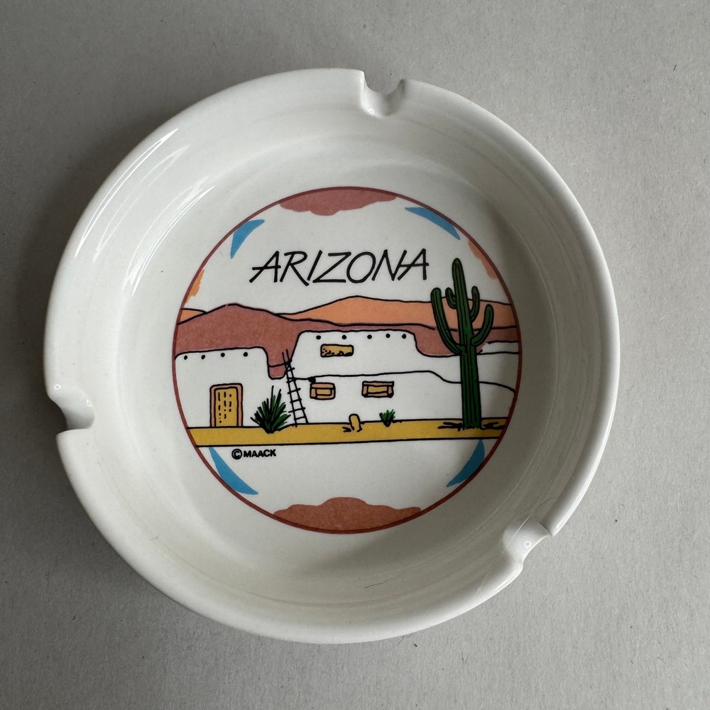 Vintage MAACK Arizona Souvenir Ashtray White Ceramic Saguaro Cactus Pueblo
